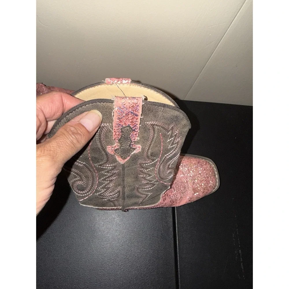 Roper Girls Pink Glitter Western Cowgirl Boots Brown Square Toe Pull On